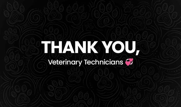 Graphic with a black background and a repeating paw print pattern that reads “THANK YOU, Veterinary Technicians” with two small pink hearts.